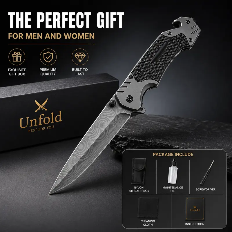 Compact Damascus-Pattern Portable Multipurpose Steel Folding Knife - 3.5" Stainless Steel Blade, ABS Handle, Survival Equipment, EDC Gear with Seatbelt Cutter, Glass Breaker, Camping & Hiking Accessory for Adults, Great for Birthdays & Trips
