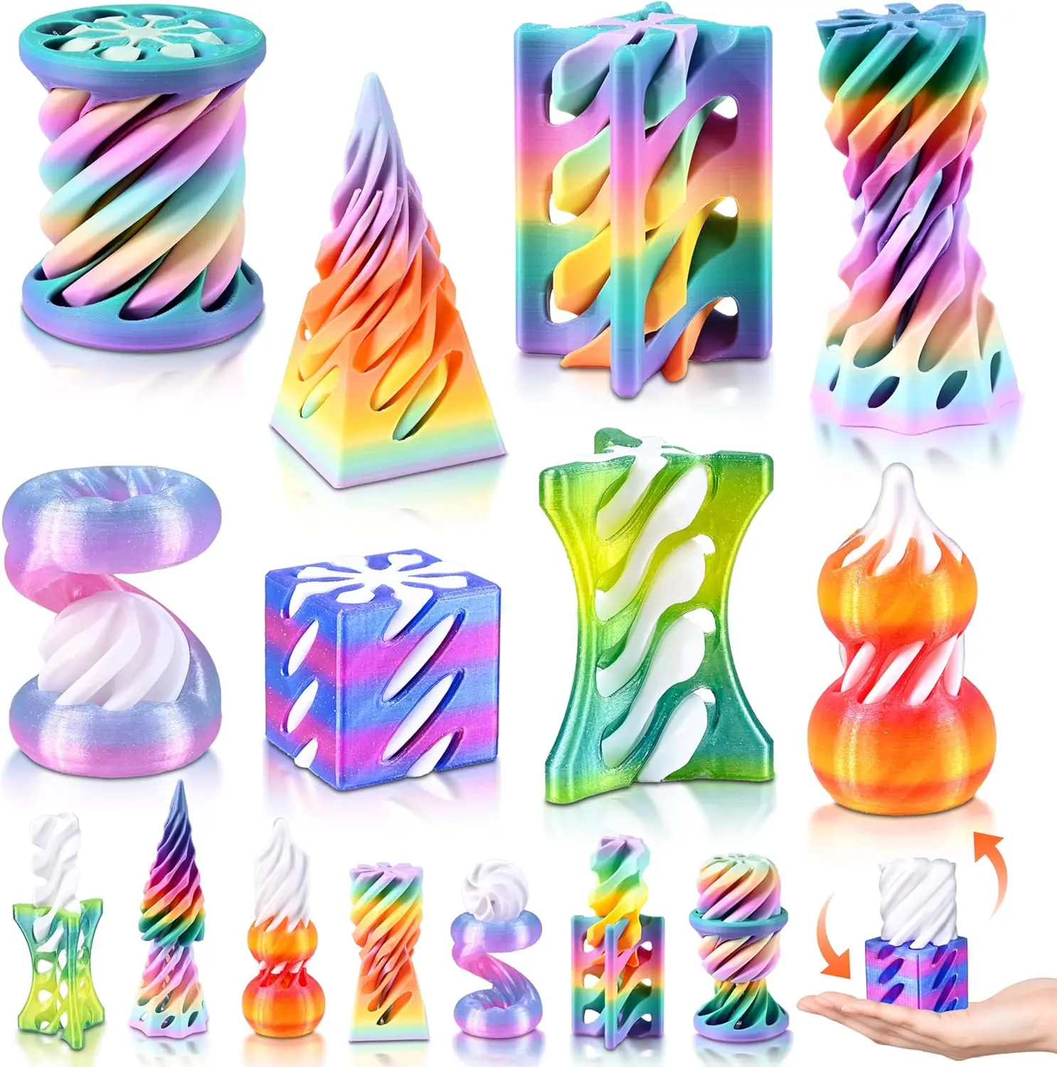 Cybermaker 8-Pack Unisex 3D Printed Fidget Toys - Rainbow Gradient Spiral Cone & Gear Set, Impossible Passthrough Sensory Calming Tool for Adults, Oddly Satisfying Stress Relief Party Favors