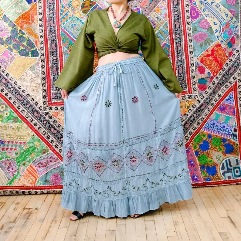 Flowy Tiered Pocket Cotton Summer Skirt, Hand Embroidery Flare Long Maxi Skirt, Boho Style, Batik Designs, Bohemian Earth Tone Color, Fairy