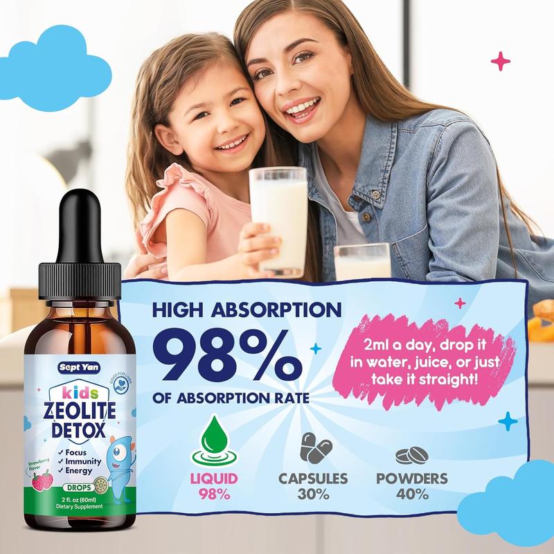 Zeolite Detox for Kids Zeolite Liquid Drops with L-Glutamine, Vitamin C, Zinc, Milk Thistle and Chlorella Extract for Detox & Cleanse, Immune, Energy, Cellular Health, Strawberry Flavor 2 Fl Oz