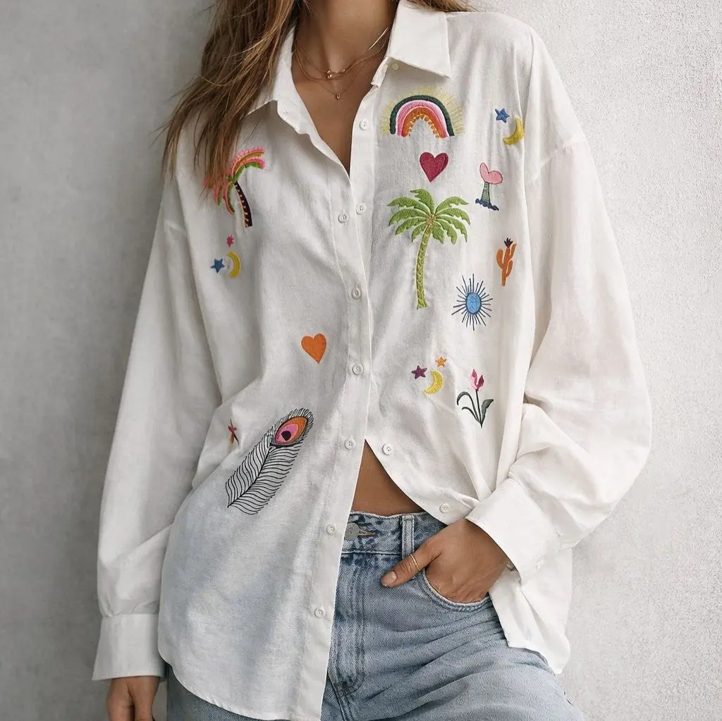 Holiday Style Cotton Embroidered Women's Shirt Long Sleeve Casual Style Breathable French Cardigan Shirt