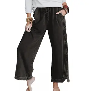 Talakeno Women's Casual Wide Leg Sweatpants High Waist Baggy Acid Wash Pants Drawstring Athletic Palazzo Pants with Pockets