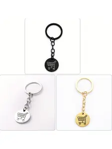 1 creative shopping cart logo keychain, round stainless steel, European and American supermarket hand-pushed shopping cart, coin metal token keychain