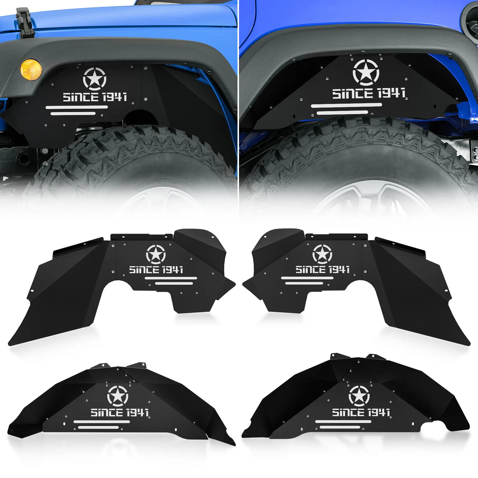 【EYOUHZ】Front and Rear Inner Fender Liners Compatible with 2007-2018 Jeep Wrangler JK & JKU 2/4 Doors, Steel Back Mud Guards Wheel Well Cover Since 1941 Logo Fender Flare Liners (4 PCS),car accessories