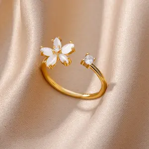 RINGLUX - Exquisite Cubic Zircon Flower Rings for Women Men Gold Color Open Adjustable Stainless Steel Ring Wedding Couple Jewelry anillos
