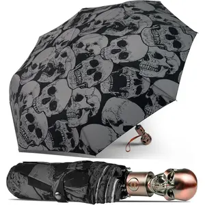 Mens Black Skull Umbrella - Luxury Travel Windproof Umbrella - Lightweight Rain Umbrella for Adults