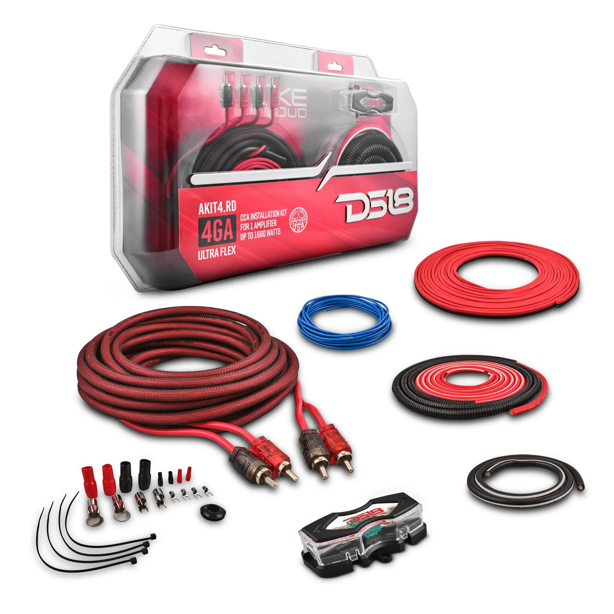 DS18 4-GA True Gauge Amplifier Installation Wiring Kit - Red, Car Accessories for 4-Channel Power Amplifiers with Fuses, Signal Cable, Four-Channel Power Amplifiers