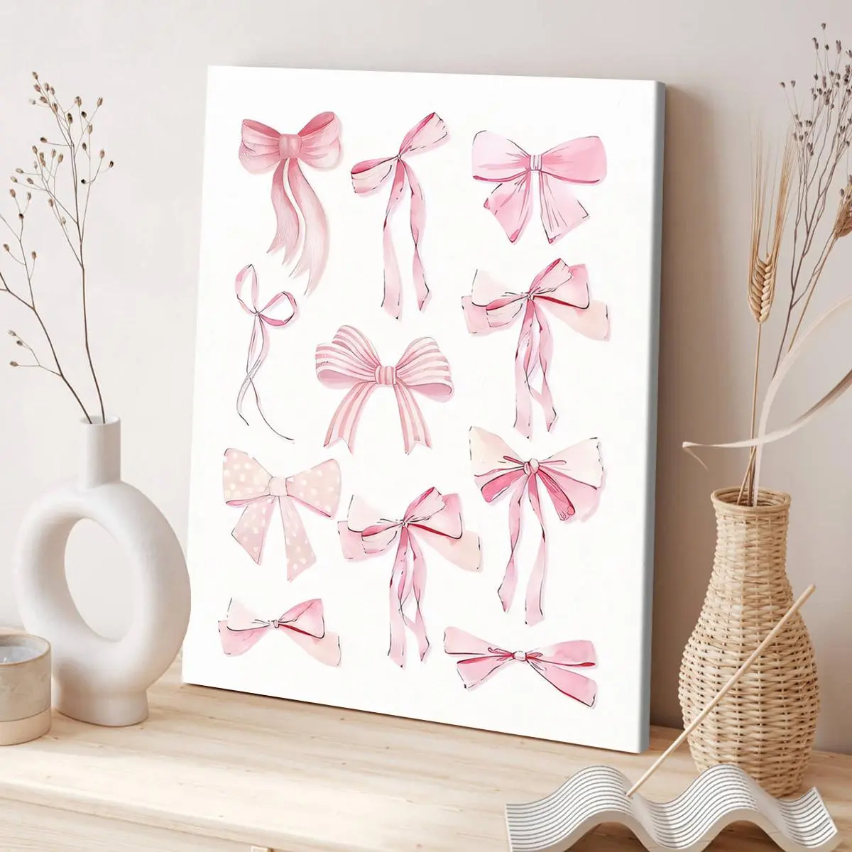 Bow Pattern Floral Aesthetic Pattern Wooden Framed Canvas Painting, 1 Count Modern Art Poster, Modern Art Design, Artistic Wall Art Decorative Artwork for Home Living Room Bedroom Office, Ornaments, Creative Modern Decoration