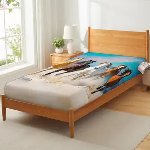 Horse Bedding Set, Western Cowboy Fitted Sheet , Boys Galloping Steed Bed Set Farm Animals Rustic Bed Sheet for Kids Teens Youth Adult, with 1 Pillow Case, Blue Brown(No Top Sheet)