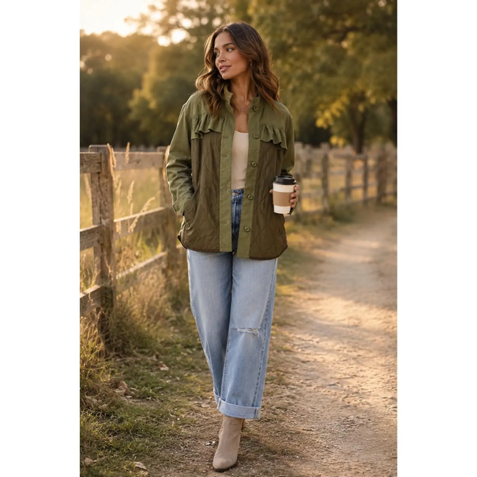 Anthropologie Quilted Ruffled Shacket in Green Size Medium - Cotton Lyocell Elastane with Side Slant Pockets & Button Front Closure