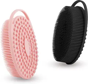 2-Pack Soft Silicone 2-in-1 Bath & Shampoo Brushes - At-Home, Dual-Sided, Full-Body Clean Brushes for Sensitive Skin, Exfoliating Body Scrubber with Hanging Feature, Lathering Bathing Accessories (Black, Pink), At-Home Body Brushes