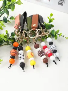 Cute Sports Style Keychain Wristlet, PU Leather Ball Beaded Keyring, Mini Basketball Football Baseball Charm, Perfect Gift for Women Girls