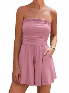 BTFBM Summer Womens Romper 2026 Spring Strapless Tube Beach Vacation Clothes Ruffle Boho Loose Shorts Jumpsuits Pockets