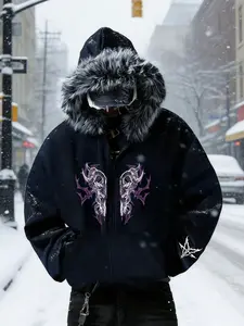Dark Style Fuzzy Hooded Print Sweatshirt, Unisex Dark Wind Furry Collar Zipper Coat, American Streetwear, Super Trendy, Skateboarding