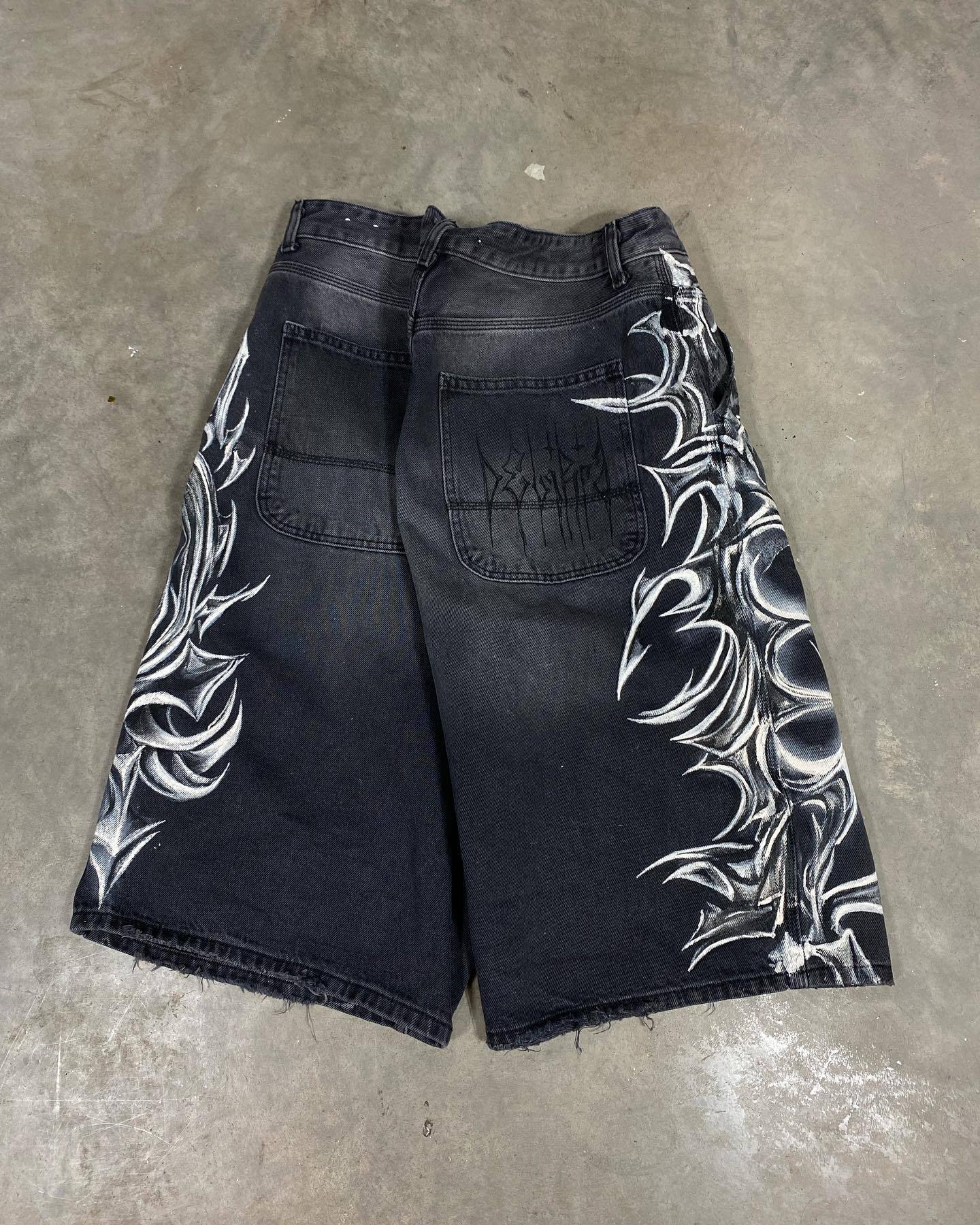 Noctra Retro Gothic Printed Denim Shorts