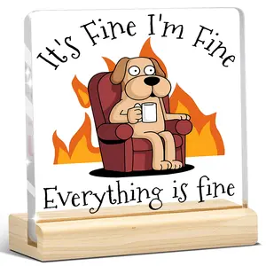 1pc Funny Dumpster Fire Dog Acrylic Sign, It's Fine I'm Fine Office Desk Plaque, Coworker Gift for Women Men Boss Friend, Inspirational Work Humor Decor, Home Shelf Ornament, Desk Accessories, Novelty Desk Decor