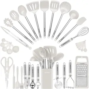 Kitchen Utensil Set-Silicone Cooking Utensils-33 Kitchen Gadgets & Spoons for Nonstick Cookware-Silicone and Stainless Steel Spatula Set-Best Kitchen Tools, Useful Pots (Cream White)