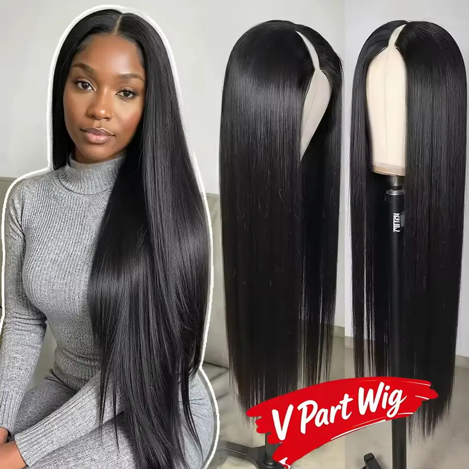 U Part V Part Straight Human Hair Wig 200 Density Upgrade U Part Wigs Glueless Wig Natural Color Brazilian Hair Wigs No Glue No Leave Out