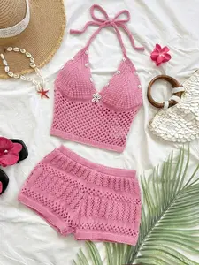SLYNVIA Women's Summer Beach Vacation Solid Color Hollow Out Knot Halter Sweater 2 Pieces Set