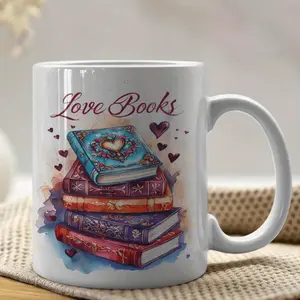 Insulated Ceramic Coffee Mug with Love Books Design and Colorful Hearts Ideal for Book Lovers and Readers