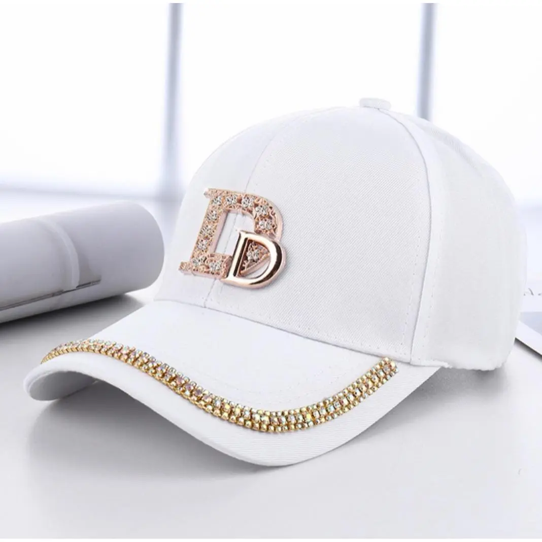 Elegant Baseball Cap in White, Black, and Pink with Rhinestone Trim and Letter Logo