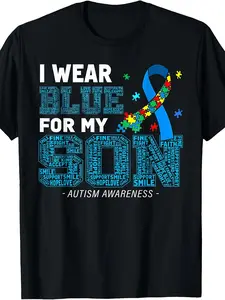 "I Wear Blue for My Son" Autism Awareness Retro Graphic T-Shirt for Men & Women, Perfect Gift for Autism Mom & Dad, Breathable Elastic Cotton, Regular Fit, Machine Washable, Casual Year-Round Wear for Daily & Outdoor Activities