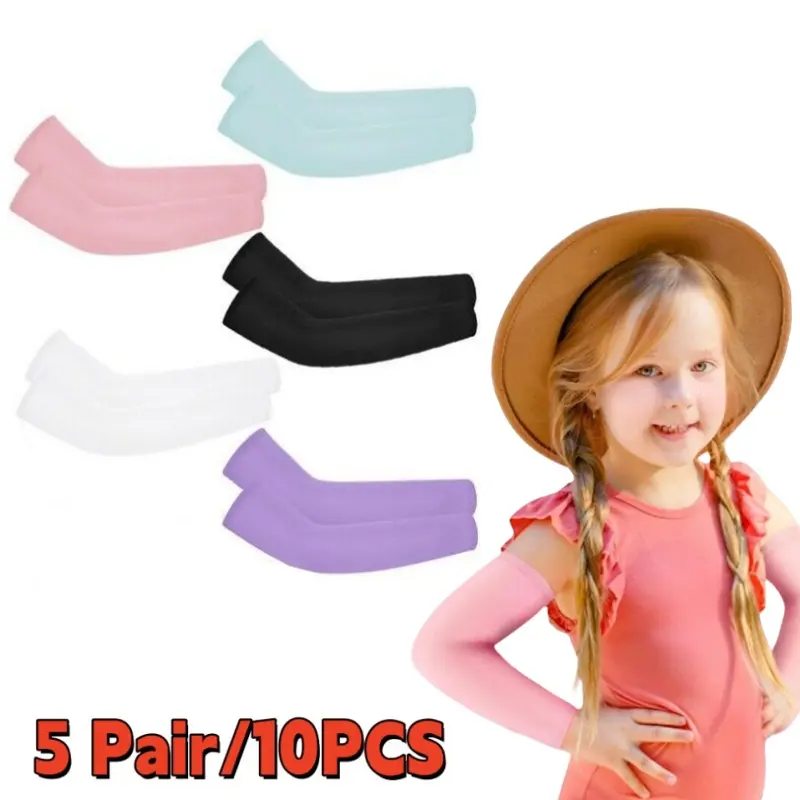 Kids' Nylon Cooling Arm Covers - 5-Pair Unisex Colorful Compression Elastic Anti-UV Arm Cuffs Sports Sleeves & Support for Hot Summer Outdoor Cycling, Compression Cooling Uv Sports Sleeves & Support, Anti-Uv Sports Sleeves & Support