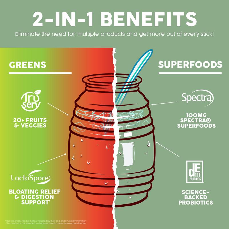 Salud 2-in-1 Greens Powder + Superfood Drink Mix Packets, 20+ Fruits and Veggies, Probiotics, Prebiotics, Supports Digestive Health, Bloating Relief, Vegan, Strawberry Lime (15 Servings)