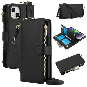 Multi-functional Crossbody Wallet Case with Zipper Card Holder, Durable Flip Design Phone Case with RFID Shield for iPhone, Screen Protector