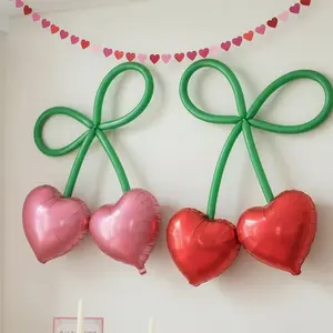 6pcs/set DIY Cherry Balloon Set, Perfect for Bff Party Decorations, 18-Inch & Foil Heart Balloons, Latex Balloons, Heart Shaped Balloons