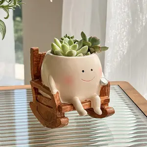 Smiley Face Planter Pot Cute Smiley Face Rocking Chair Resin Planter, Indoor Outdoor Head Planter for Succulents, Drainage Hole Decorative Flower Pot, Novelty DIY Gift