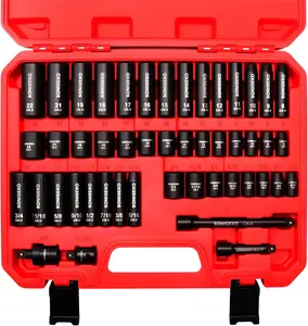 48-Piece 3/8" Drive Impact Socket Set, Standard SAE (5/16 to 3/4 inch) and Metric (8-22mm) Size, 3" and 6" Drive Extension Bar, Impact Universal Joint, 3/8" to 1/2" Impact Adaptor, CR-V Steel