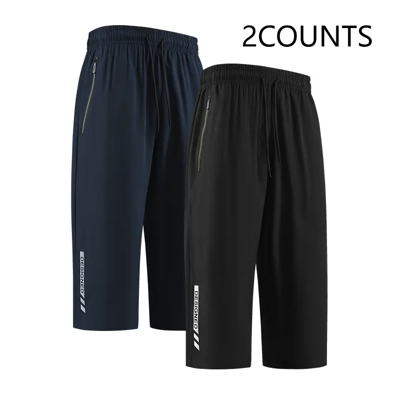 2-Pack Men's Breathable Capri Athletic Shorts Drawstring Waist Zip Pockets for Gym Jogging Casual Daily Wear