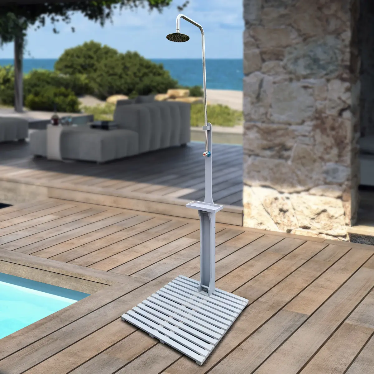 Solid Fir Wood Outdoor Shower Tower, 25.59x29.53x86.61in Freestanding Outdoor Shower Equipment, Adjustable Water Pressure Pool Backyard Station with Storage Compartment, Adjustable Shower Tower