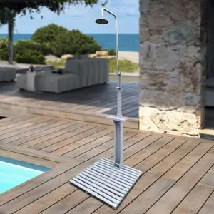 25.59*29.53*86.61in Solid Fir Wood Outdoor Garden Shower, Adjustable Water Pressure Freestanding Pool Backyard Terrace Shower Station with Storage Compartment