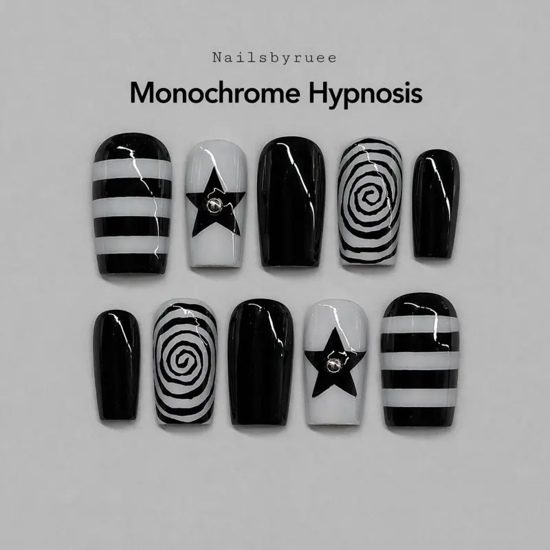 Nailsbyruee | Monochrome Hypnosis Press On Nails - Black Grey stripe with swirl and star design 10pcs