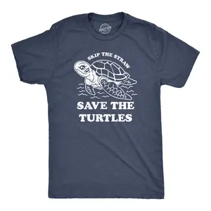 Mens Skip The Straw Save The Turtles T Shirt Environmental Awareness Tee Mens Funny T Shirts Cool Vintage Fashion T-Shirt Gift Classic Menswear Environmental Apparel for Men Funny Animal Short Sleeve Novelty Navy