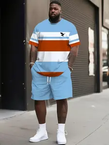 Men's Summer Casual Sportswear Set, Breathable 3D Print Round Neck T-Shirt and Shorts, Knitted Fabric, Loose Fit, Outdoor Sports Clothing, Outdoor Leisure Wear, Workout Sets, Summer Sports Clothes, Summer Athletic Wear, Summer Activewear