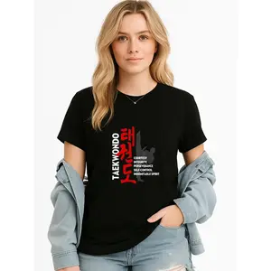 Women's Black Solid Round-Crew Neck Short-Sleeve Taekwondo T-Shirt, Minimalist Martial Arts Practice Top, Breathable Comfortable Casual Everyday Tee, Personalized Unisex Fit, Made In USA