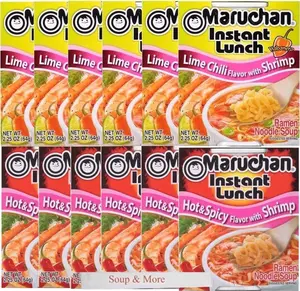 Maruchan Ramen Instant Cup Noodles 12 Count - 6 Hot & Spicy Shrimp & 6 Lime Chili Shrimp
