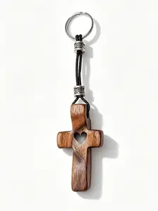 Handmade Wooden Cross Keychain with Heart Decoration, Multifunctional Spiritual Symbol, Encouragement Gift, Anxiety Relief, Christian Inspirational Pendant