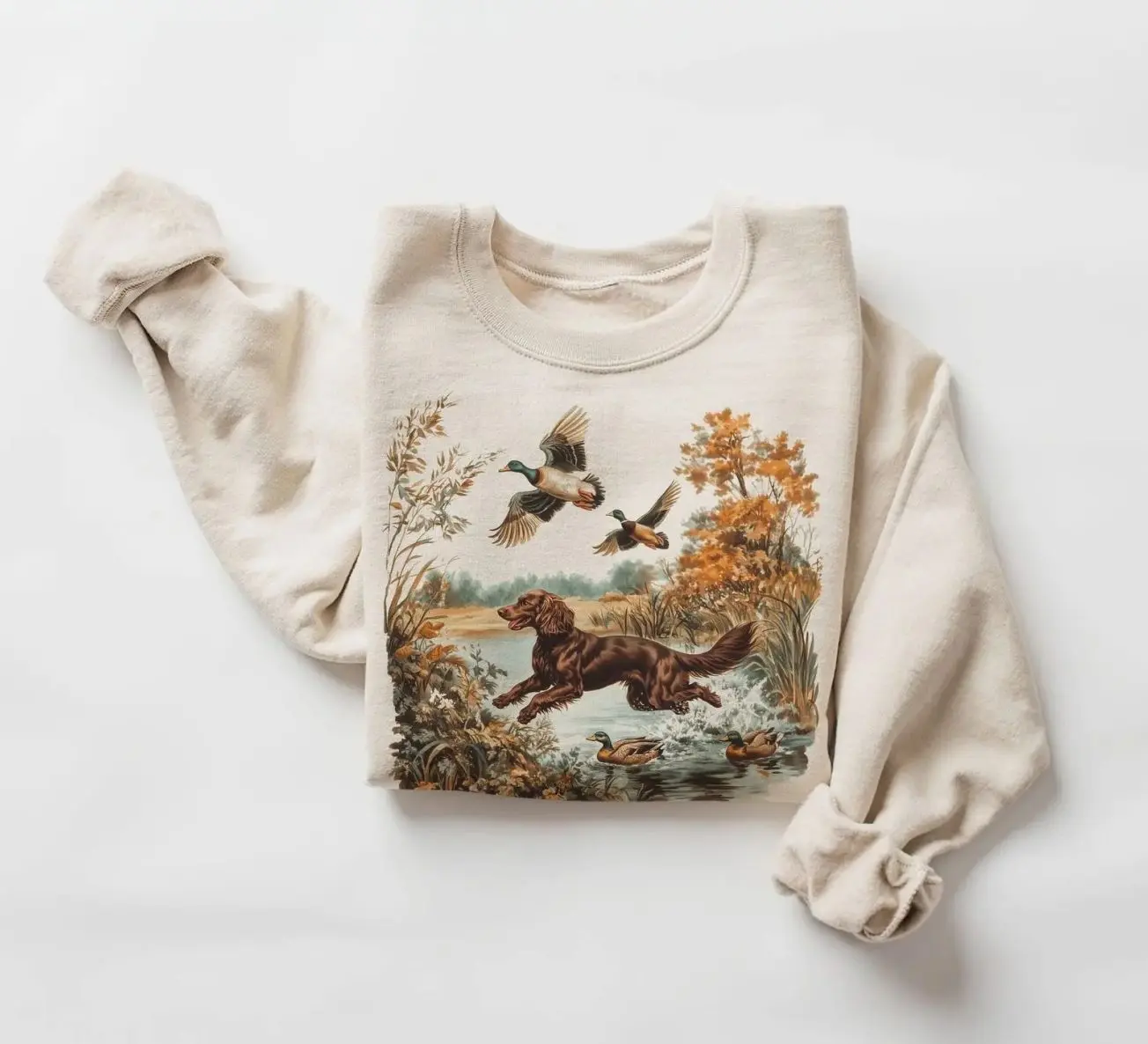 Retro Boykin Spaniel Retrieving Mallard Ducks Sweatshirt - 90s Vintage Cute Dog Breed Hunting Outfit - Trending Graphic Sweatshirt, Comfortable Menswear & Womenswear Top, Perfect Gift For Men And Women, Aug6
