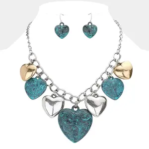 Multi Metal Heart Pendants Dangle Necklace Teal