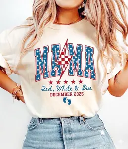 Pregnancy announcement t-shirt for July 4th, American Mama, Red and White, and due date by month in 2026, Patriotic maternity t-shirt, July 4th t-shirt for expectant mothers