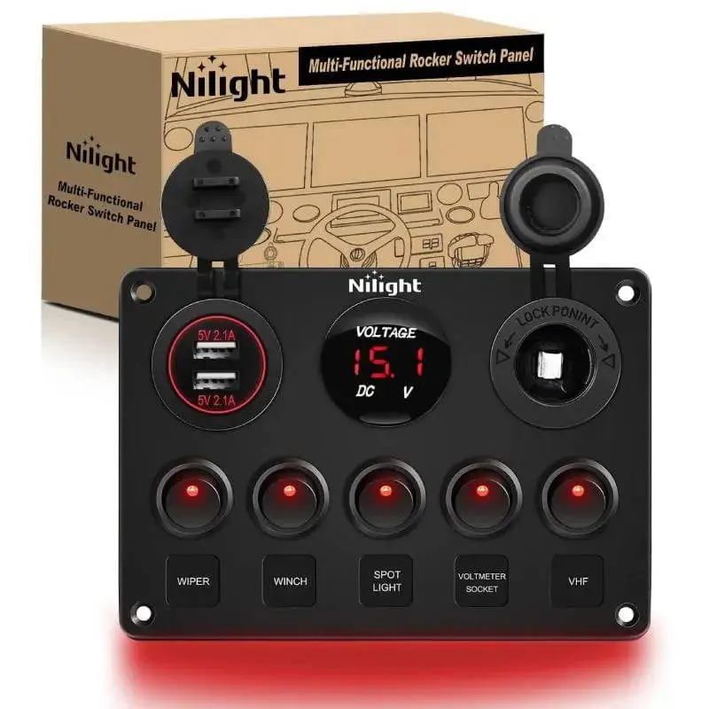 Nilight 5-Gang Red Rocker Switch Panel Switchboard with Dual USB, Voltmeter and Fuse for Car, Truck