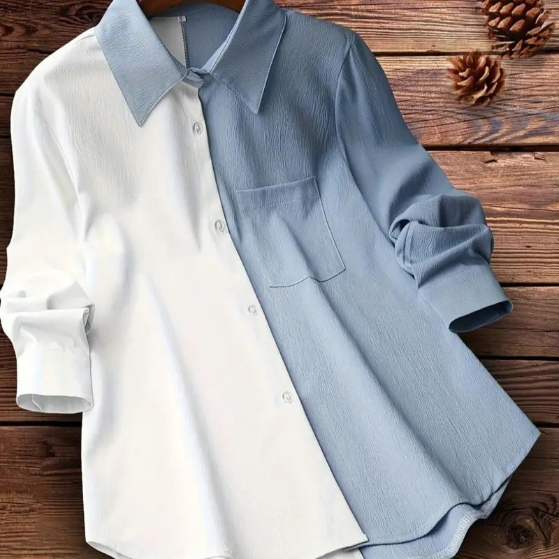 Women's Patchwork Curved Hem Shirt, Casual Long Sleeve Collared Top for Summer, Ladies Clothes for Daily Wear, Blouse, Casual Business Top, Casual Daily Tops