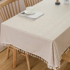 Rectangular Tablecloth Beige Striped Cloth Tablecloths with Tassels Rustic Fall Table Cloth Rectangle Table Cover (Beige,70"x55",Rectangular)