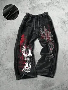 Men's Casual Sporty Long Pants, Thorn Angel Pattern Print, Drawstring Side Hem, Loose-Fitting Cotton, All Seasons Wear, Casual Sporty Trousers, Sports Casual Pants
