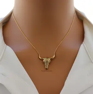 18K Gold Plated Engraved Desert Bull Head Pendant Necklace – Western-Inspired Statement Jewelry for Bold Style