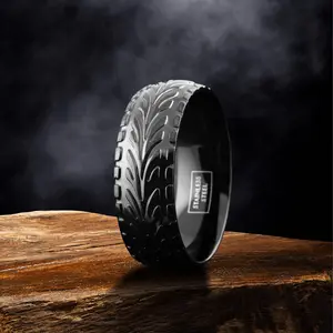 Tier Design Black Stainless Steel Men's Wedding Band Ring, Tier Track Tread Black Band, Unique Gift For Him, Promise Ring, Men's Ring
